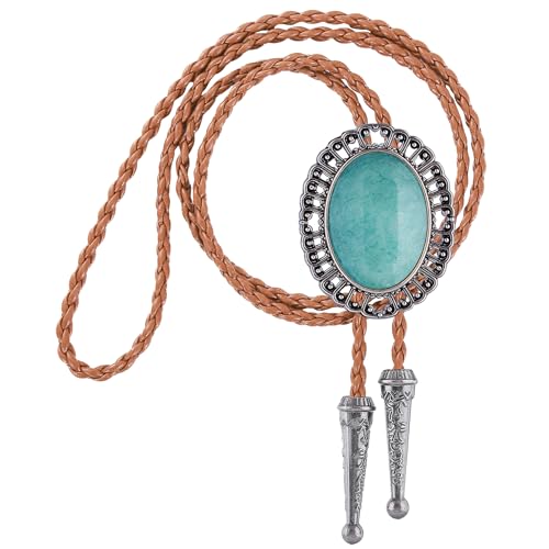 Image of Jeilwiy Bolo Tie for Men Real Stone Westwern Cowboy Ties Silver Bolos Women Leather Necktie Gift for Birthday Christmas