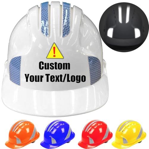 Custom Hard Hat with Reflective Stripe OSHA Approved Premium ABS Construction Work Safety Helmet with Logo 4 Pt.Ratchet Suspension Hard hat with Vents for Work,Home Improvement,Headwear Protection