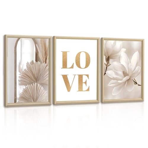 3 Pcs Quadri Moderni Boho Beige Bianco Love Magnolia Stampa su Tela Con Cornice, Quadro Nordico Minimalismo Pianta pittura su tela poster da parete Decor Murale Soggiorno Camera da letto 30x40cmx3