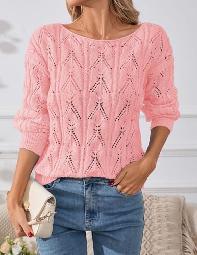 Image of Libsorge Womens Cute Sexy Off The Shoulder Crochet Knit Sweater Fall Winter 2025 Trendy Lightweight Boat Neck Pullover Top
