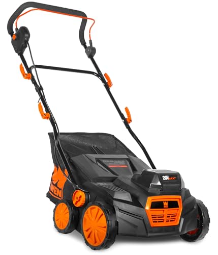 Image of WEN 20V Max Cordless 15-Inch 2-in-1 Brushless Electric Dethatcher and Scarifier with Collection Bag, Two 4.0 Ah Batteries, and Dual-Port Charger (20716)