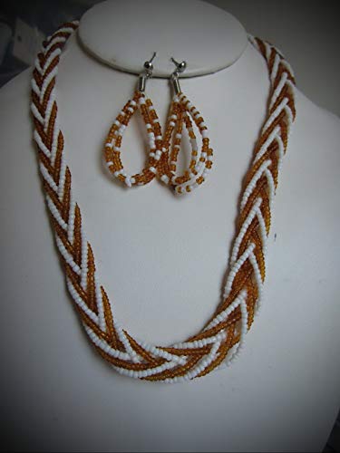 Topaz Brown And White Multi Strand Glass Seed Bead Braided Necklace Earring For Women Statement Chunky Crystal Fashion Jewelry Set