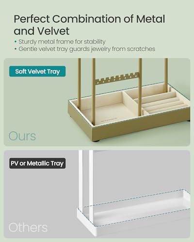 Image of SONGMICS Necklace Holder, Jewelry Stand Holder Organizer, Jewelry Display with Metal Frame, Velvet Tray, Earring Bracelet Holder, for Gift Idea, 4.5 x 7.7 x 12.1 inch, Laurel Green UJJS021C02
