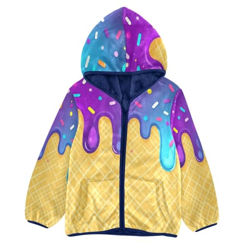 Ice Cream Cone Pattern Toddler Fleece Jacket Girl Boys Hooded Fleece Jacket Coat Warm Outwear Zip-up 3-10T