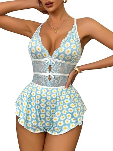 Image of Lilosy Sexy Bows Floral Lace Mesh Babydoll Lingerie Romper