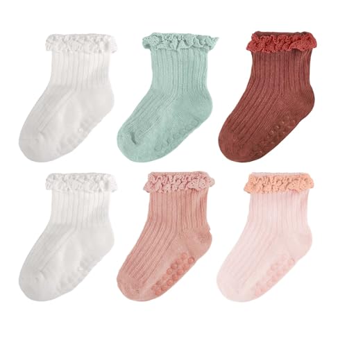 Image of MKYSZLT Baby Girl Ruffle Socks Non Slip Grip Socks Toddler Girls Cute Cotton Frilly Ankle Grippy Sock Newborn Infant Kids
