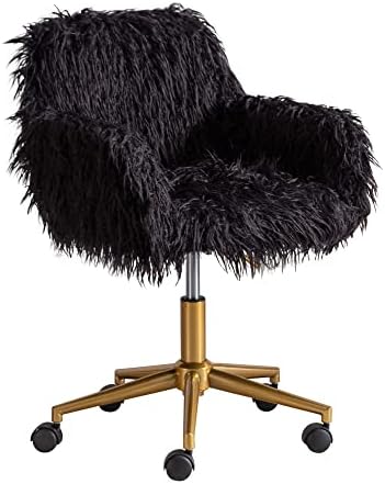 KCC Fluffy Office Desk Chair, Faux Fur Modern Swivel Armchair with Wheels, Soft Comfy Fuzzy Elegant Accent Makeup Vanity Chairs for Women Girls, Home Living Dressing Room Bedroom, Black