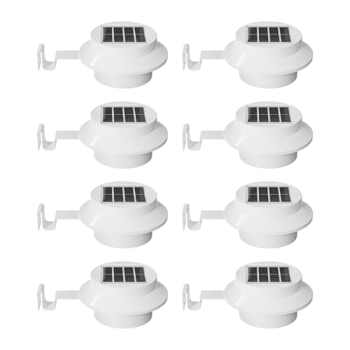 8 Pack White Solar Powered Gutter Lights Outdoor Decorative Waterproof Led Fence Lamp for Lighting Railing Outside Wall Deck Garden Path Backyard Sidewalk Yard Patio No Drilling Installation