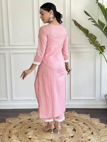 Image of Yashika Women Peach Chikankari Work with Pure Cotton Fabric Straight Kurta, Pant and Dupatta Set | Kurta Set for Women