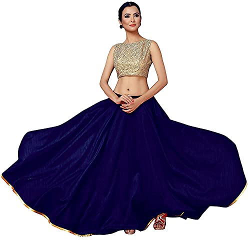 Chadrakala Women's Art Dupion Silk  Indian Flaire Long Maxi Skirt Full Flare Double Ghera Skirt Lehenga,Free Size, Navy Blue (S110Nav) #TOP2