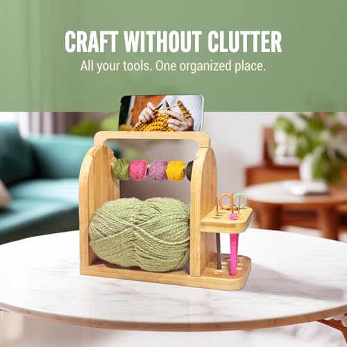 Image of Yarn Holder for Crochet Accessories - Durable Bamboo Wood Knitting Accessories Yarn Storage Organizer with Built-in Phone Stand - Tangle-Free Dual Rods and Tool Holder - Works with Skein, Cake, Ball