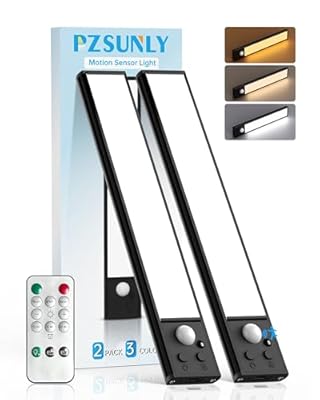 PZSUNLY Under Cabinet Lighting Wireless,Motion Sensor Light Indoor Rechargeable,3Color Dimmable Closet Light Battery Operated with Remote Control,Under Counter Lights for Kitchen,Closet 2Pack