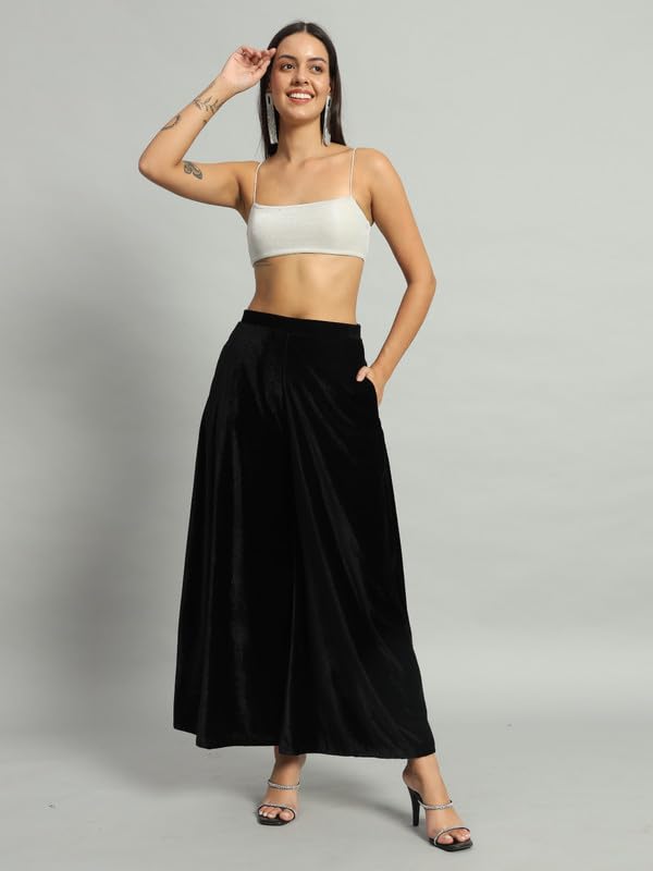 Image of Vaararo Party Trousers for Women | Shiny Velvet Fabric Wide Bottoms Stylish Palazzo Pants