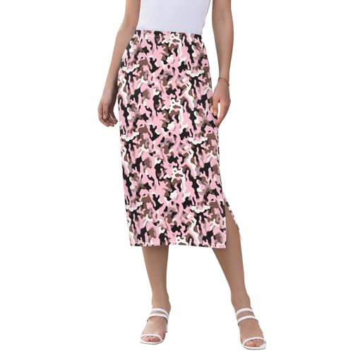Womens Trendy High Waisted Midi Skirts for Women Below Knee Spring Midi Skirt with Slit