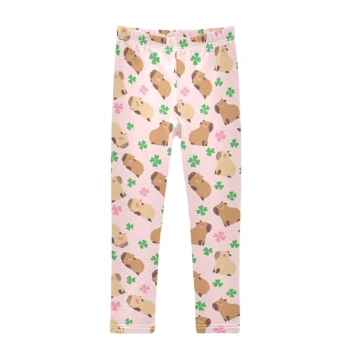 Capybara with Lucky Clover Pink Girls Leggings Soft Comfortable Athletic Leggings Dancing Pants for 4-10 Years