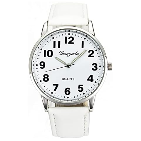 Men Women Casual Simple Black White Leather Deals Large Numbers Analog Quartz Wrist Watch, white, Quartz Movement Cover