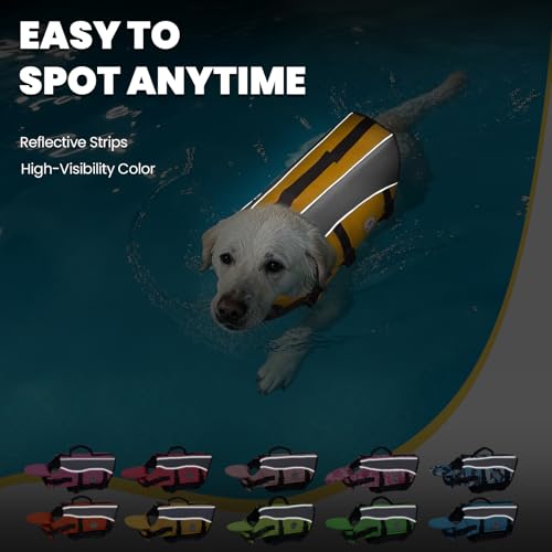Image of VIVAGLORY Dog Life Vest Front Float Dog Swim Vest, M, Yellow | Life Jacket with Chin Float & Handle for Swimming & Boating, High Visibility Adjustable for Doggy Cat Puppy