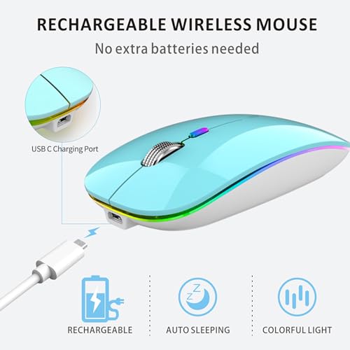 Image of Uiosmuph LED Wireless Silent Mouse, G12 Slim Rechargeable, 2.4G Portable USB Optical Computer Mice with USB Receiver and Type C Adapter (Blue)