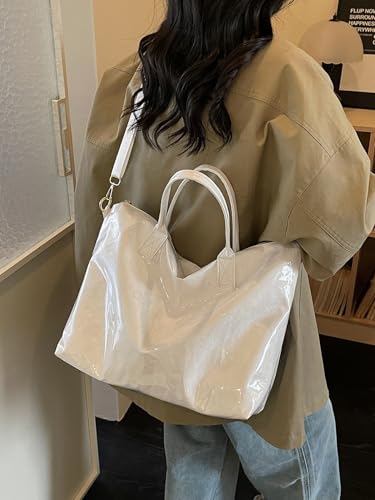 Image of PVC Tote Bag Gifts for Women Large Tote Purse Kraft Paper Letter Print Hobo Handbags for Work Beach Shopping Travel