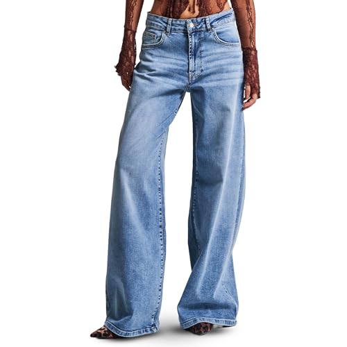 IT'S BASIC Straight Wide Leg Jeans for Women High Waisted, Relaxed Fit Trendy Womens Jeans Stretchy Denim Pants, Stonewashed