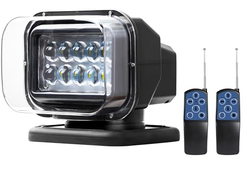 Remote Control Marine LED Search Spot Light, 8 Inch 50W Hunting Waterproof Searchlight with 360 Rotating, 12V 24V 5000lm LED Spotlight for Boat Off-road Truck, Plug and Play, 6 Strong Magnets Built-in