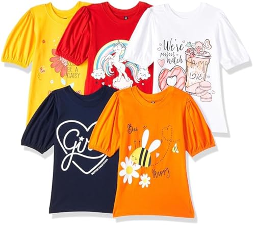 Image of T2F Girls Cotton Printed Regular Fit Puff Sleeve T-Shirt (Pack of 5)