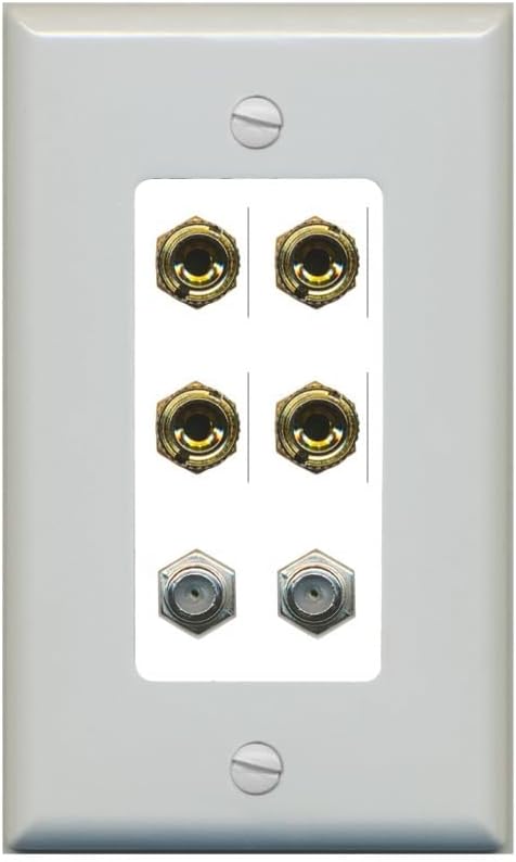 RiteAV 4 Port Banana 2 Speaker Binding Post 2 Coax Wall Plate - 1 Gang Decorative [Stainless/White]