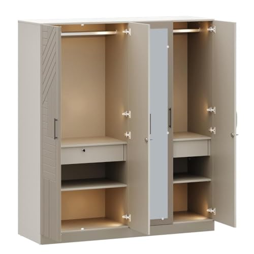 Image of Wakefit Tyrian Plus 4 Door with 4 Shelves 2 Drawers 2 Hanging Areas 1 Mirror SH2-Carcass: Pumic Grey Shutter: Creamy Brown