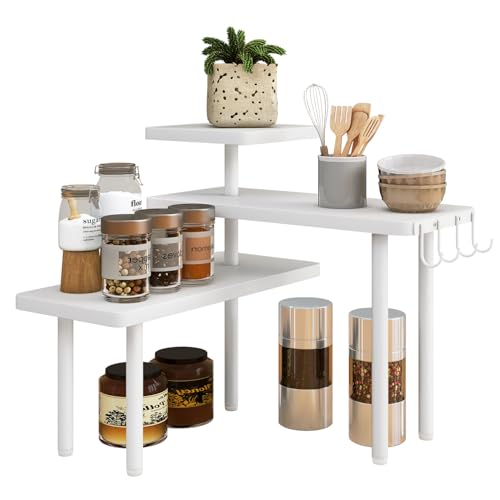 IBUKYE Étagère d'angle de Cuisine à 3 Niveaux,Porte-épices avec Crochets, Organisateur de comptoir,pour Rangement d'épices,pour Salle de Bain, comptoir,...