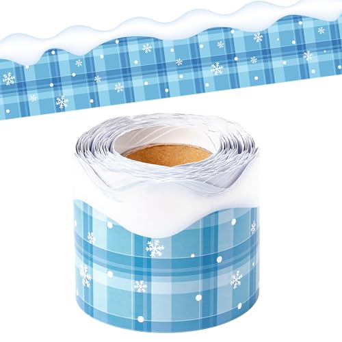 Image of BeYumi Winter Snowflake Border Trim - 65ft Winter Snowflake Plaid Scalloped Rolled Border Trim Blue Winter Christmas Bulletin Board Borders School Classroom Office Chalkboard Holiday Party Decoration