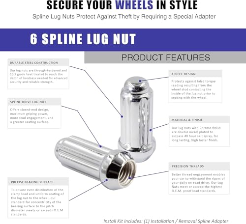 Image of Wheel Accessories Parts 32 Pcs 9 /16 inch-18 Thread Truck 2.25 inch Long Spline Lug Nuts Chrome 6 Spline Hex Fits Ram 2500 3500 | Ford F250 F350 | Chevrolet GMC C20 K20 K30 K35 C2500 C3500