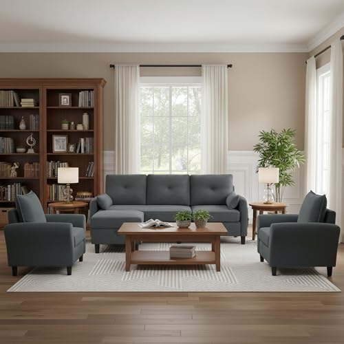 Portaforta 3 PCS Sectional Sofa Set, Convertible Sofa and 2PCS Accent Chair, 3 Seat L Shaped Couch with Storage Ottoman, Sectional Couch for Living Room, Apartment, (3+1+1 Seat/Dark Light)