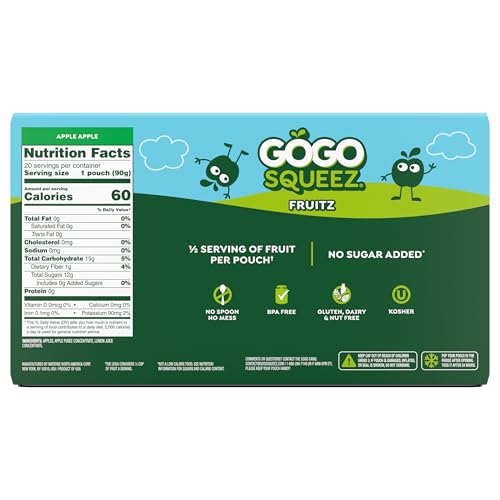 GoGo squeeZ Fruit on the Go, Apple Apple, 3.2 oz (Pack of 20), Unsweetened Fruit Snacks for Kids, Gluten Free, Nut Free, and Recloseable Cap, BPA Free Pouches (Packaging May Vary)
