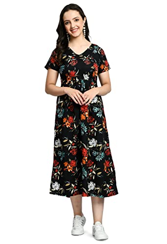 Image of KLART Women Stylish Casual Maxi | A-Line Dress with V-Neck & Short Sleeves | Floral Print Fit & Flare Summer Wear