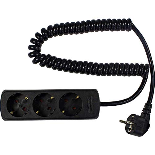 as - Schwabe Enchufe Múltiple de 3 Vías Con Cable en Espiral - 2,5 m - 230 V / 16 A - Extensible - IP20 - Negro I 11432
