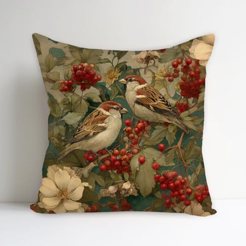 Vintage Bird and Flowers Decorative Throw Pillow Cover William Morris Inspired- Vintage Flower Gift Art Farmhouse Cushion Pillowcase for Sofa Couch Bed Outdoor Living Room Home Decor (Bird 3)