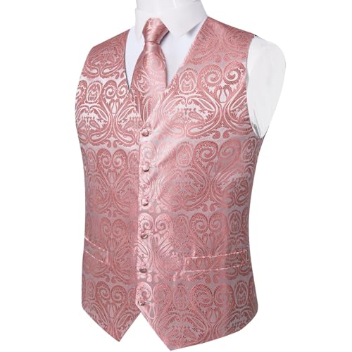 DiBanGu Mens Vest and Tie Set Formal Paisley Waistcoat and Necktie Pocket Square Cufflinks Silk Suit Vest for Tuxedo Wedding, Blush Pink, 3X-Large2