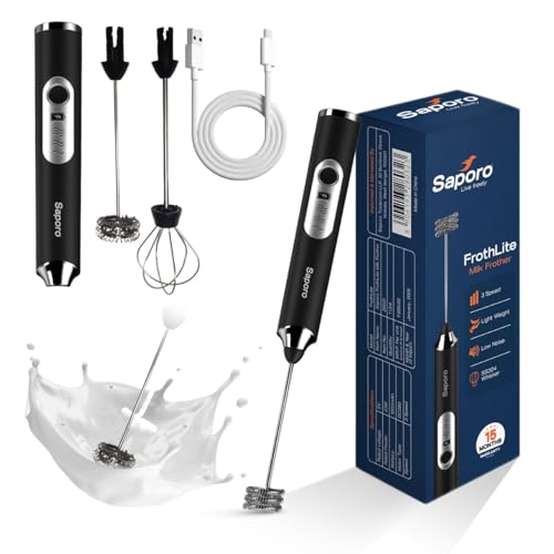 Image of Saporo FrothLite Electric Milk Frother, Rechargeable Handheld Frother with 3 Speed Settings, Stainless Steel Whisk Heads, Stand Design, for Coffee, Cappuccino, Latte, Matcha & Hot /Cold Milk