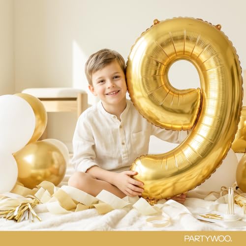 Image of PartyWoo Metallic Gold Number 9 Balloon 40 Inch 25pcs Gold Foil Star White