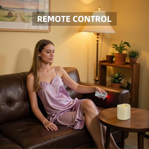 Image of Flameless LED Candle with Remote, 4x4 Inch Battery Operated Plastic Pillar Candle, Realistic Flickering Flame, Timer & Brightness Control, Ivory - Safe for Kids & Pets, Great for Home & Holiday Decor