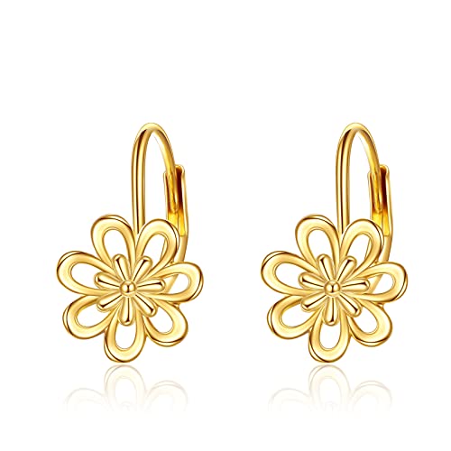 Daisy Earrings Gifts For Women 14K Yellow Gold Daisy Flower Leverback Dangle Hoop Earrings Jewelry Mothers Day Birthday Gifts For Teens Girls #TOP11
