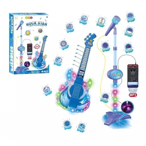 Juego de guitarra y micrófono para niños, juguetes de guitarra con música y luz colorida, micrófono de altura ajustable con soporte, máquina de karaoke, instrumentos musicales, micrófono de juguete