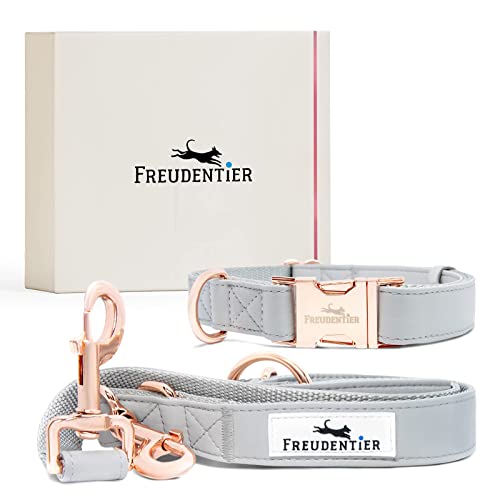 Freudentier® Hundehalsband und 3-Fach verstellbare Führleine (2m) aus veganem Leder im stilvollen Set, edle Geschenkbox, Winterfest & pflegeleicht, Das Original (37-58cm) Cover