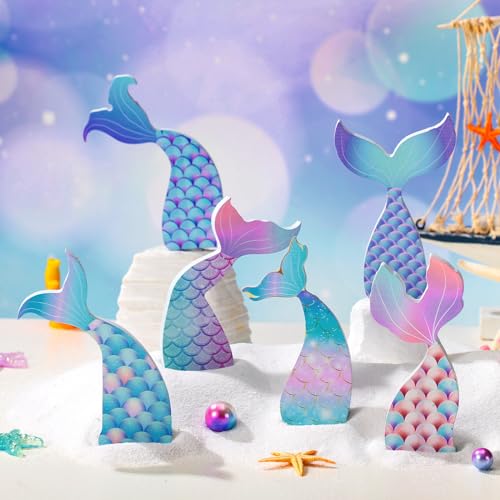 6 Pcs Mermaid Party Decorations Under The Sea Mermaid Centerpieces for Tables Ocean Theme Decor Wooden Table Ornaments for Birthday Party Supplies DIY Decor