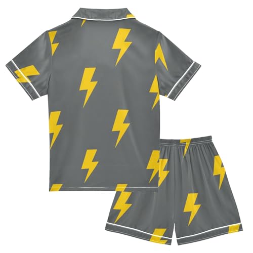 Satin Pajama Sets Short Sleeve Yellow Lightning Bolt Pattern Button Down Silky Nightwear 2 Piece PJS 5-14Y2