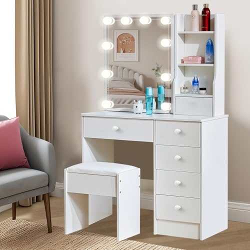 Vanrste Tavolo da toeletta con illuminazione, tavolo da trucco con specchio e sgabello, tavolo da toeletta con 6 cassetti, 6 ripiani per camera da letto, 80 x 36 x 131 cm, VD41