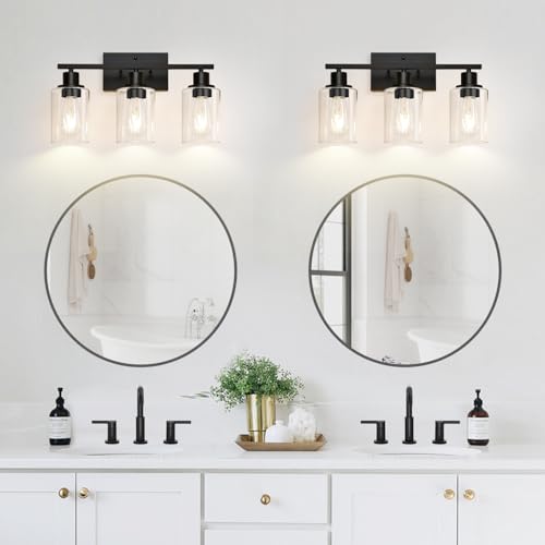Image of Indoi 3-Light Bathroom Light Fixtures, Matte Black Modern Vanity Lights with Clear Glass Shades, Bathroom Wall Lamp for Mirror Living Room Cabinet Bedroom Porch