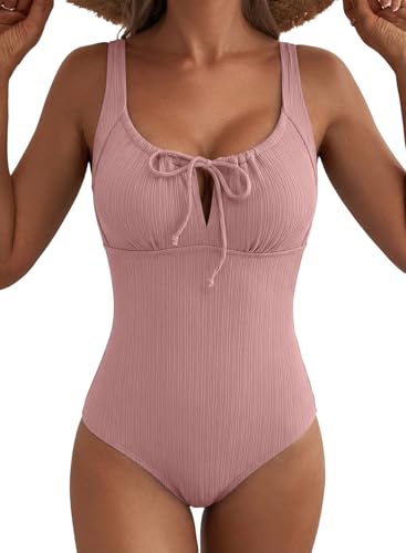 Aleumdr Women 2026 Fashion Drawstring Knot One Piece Swimsuits Tummy Control Swimwear Textured Bathing Suit Retro Bathing Suit Dusty Pink X-Large