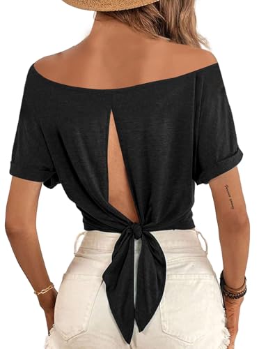 LilyCoco Womens Off The Shoulder Short Sleeve Tops Backless Top Cropped T Shirt2