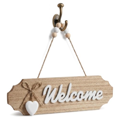 Image of SOLVIO Welcome Sign for Front Door Decoration, Wooden Heart Shaped Door Plaque with Rope Bow, Rustic Home Sign and Garden Plaques for Outside, Entryway Decor Wall Hanging